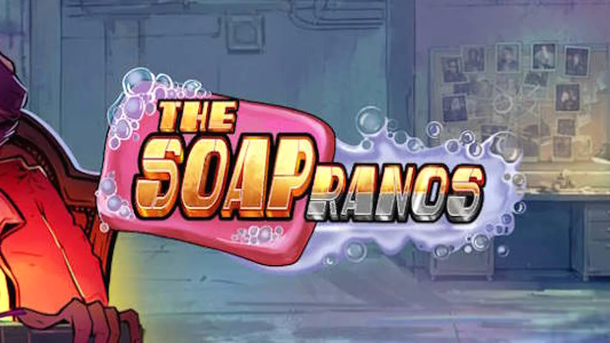 Tampilan visual slot Soapranos dengan elemen neon dan simbol yang dinamis